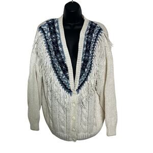 Vintage Backroad Blues Fringe Cardigan Ivory Blue Hand Knit Boho Western- Sz 20